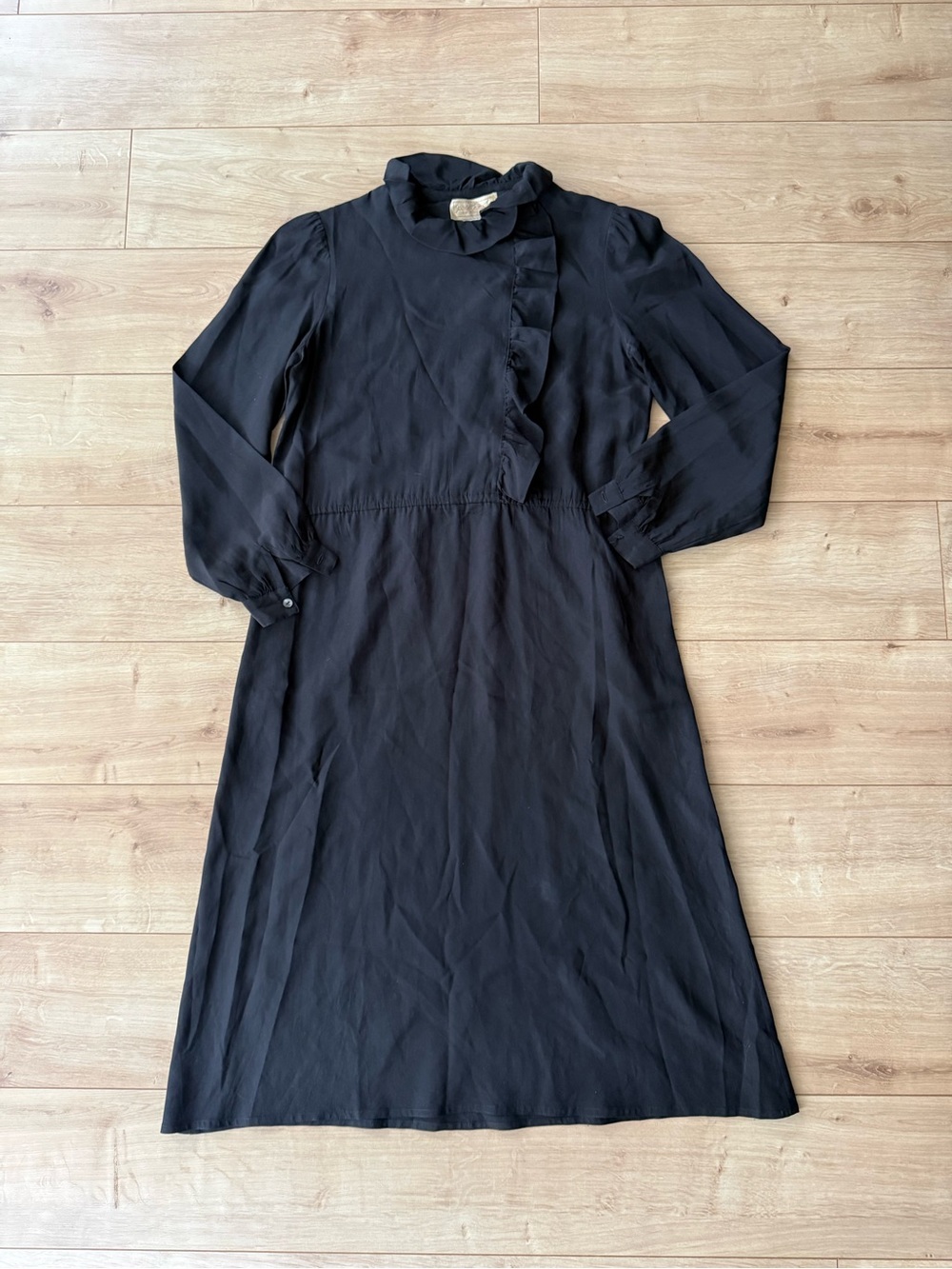Vintage Joanie Char Silk Black Ruffle Midi Dress Hong Kong Goth Minimalist